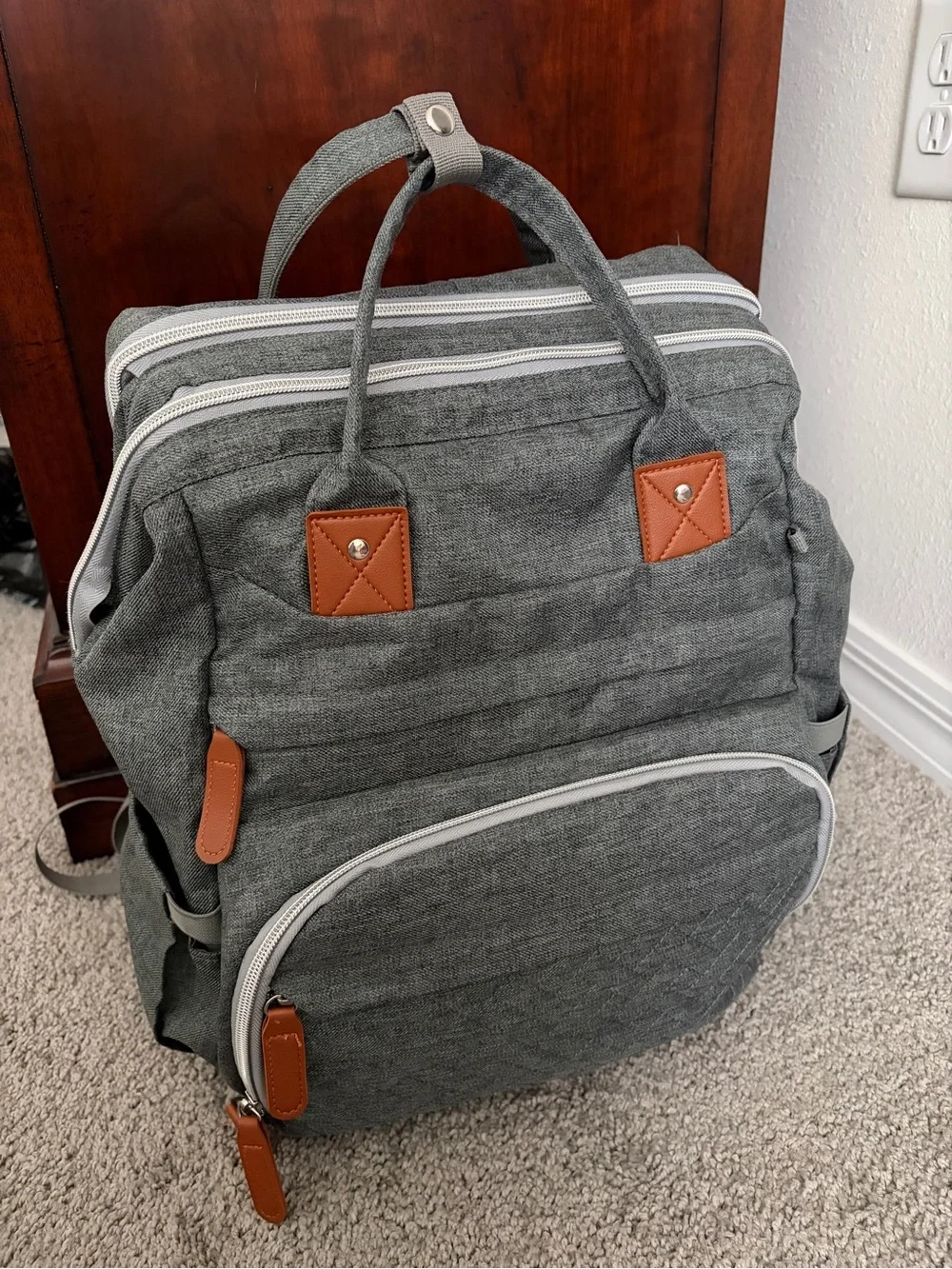 Gray Baby Diaper Canvas Backpack with Tan Accents